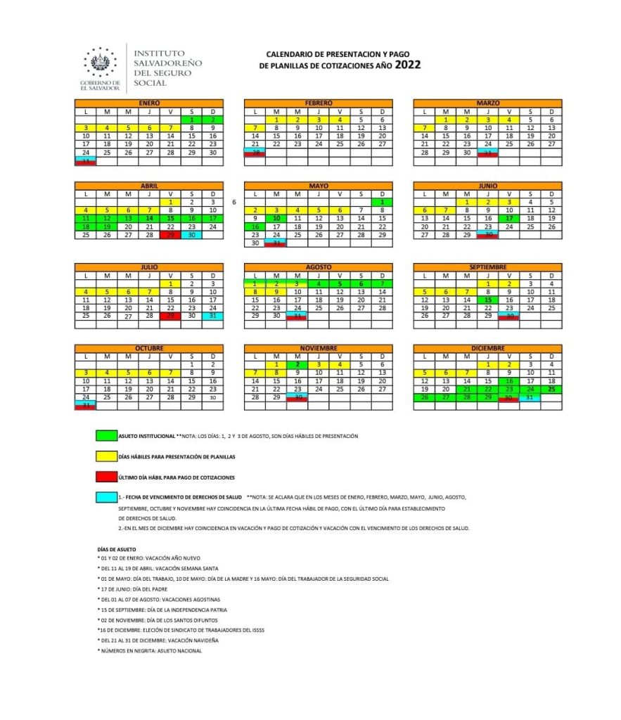 Calendario ISSS 2022 última fecha de presentación de planillas ISSS ultima fecha de pago de planillas del ISSS