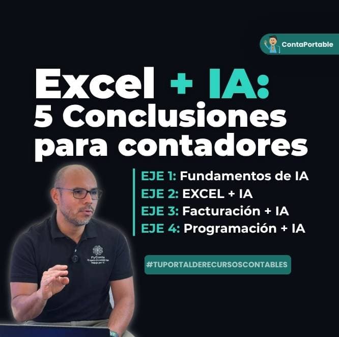 Infografía del curso de IA y Contabilidad e ContaPortable con los 4 ejes temáticos: Fundamentos de IA, Excel + IA , Factura Electrónica y Programación con IA.