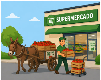 Distribuidor de frutas y verduras entregando productos frescos en un supermercado, ilustrando una operación comercial amparada en Factura de Sujeto Excluido en El Salvador.