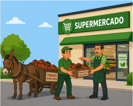 Proveedor agrícola devolviendo productos en mal estado a un supermercado, caso de uso del Evento de Retorno vinculado a Factura de Sujeto Excluido en la Normativa 2.0.