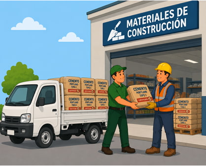 Proveedor entregando sacos de cemento a un constructor, operación documentada con Factura de Consumidor Final en el sistema de facturación electrónica DTE de El Salvador.