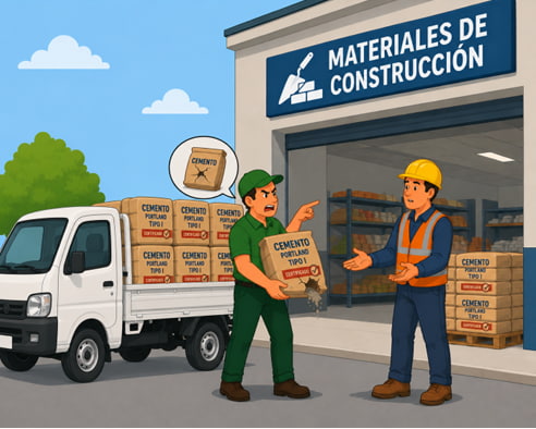 Constructor devolviendo sacos de cemento en mal estado al proveedor, situación que debe documentarse mediante el Evento de Retorno según la Normativa 2.0 de El Salvador.