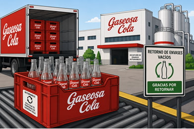 Distribuidora devolviendo envases vacíos retornables a una embotelladora, proceso que la Normativa 2.0 formaliza mediante el Evento de Retorno en el sistema DTE de El Salvador.