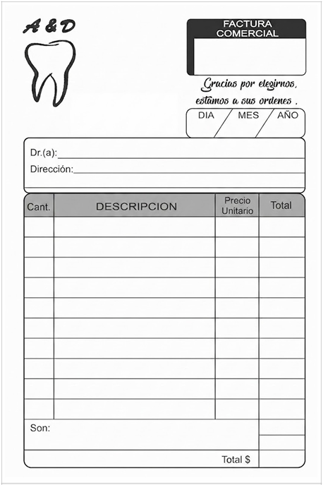 Ejemplo de factura comercial de talonario, documento que no constituye una factura de venta simplificada válida ante el Ministerio de Hacienda de El Salvador