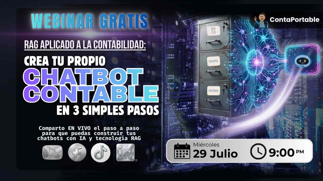 Hoy te muestro, en vivo, cómo construir tu propio chatbot contable con IA y tecnología RAG, en 3 simples pasos. 9:00 p.m. Aún estás a tiempo de inscribirte.