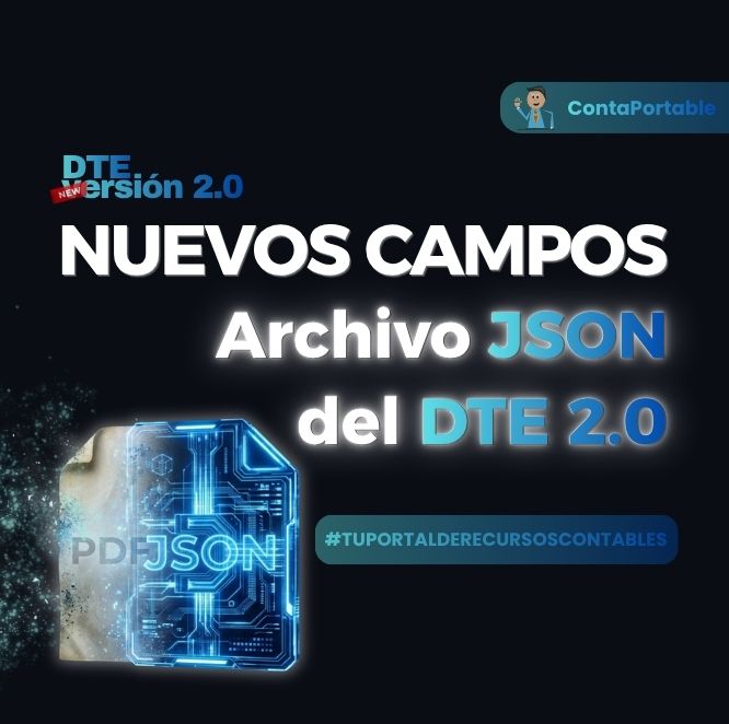 Archivo JSON del DTE 2.0: portada del artículo de ContaPortable sobre los nuevos campos de la Factura Electrónica en El Salvador, con ícono de documento PDF/JSON iluminado en azul sobre fondo oscuro