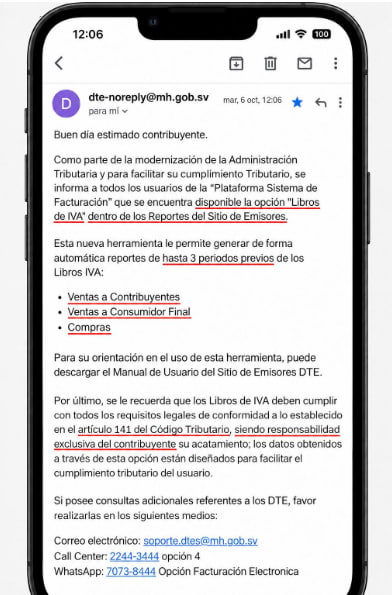 Correo del Ministerio de Hacienda que anuncia la opción Libros del IVA en el sitio de emisores