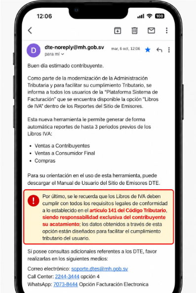 Aviso de Hacienda sobre la responsabilidad del contribuyente al usar el reporte de Libros del IVA